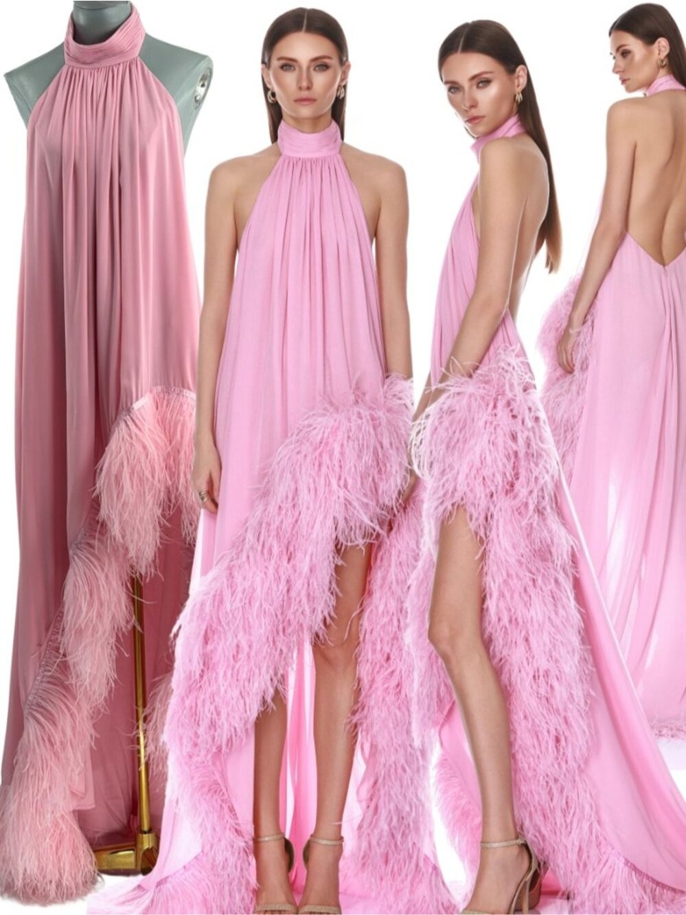 🆕 BRONX & BANCO 🧿 NWOT Madeline Halterneck Feathered Gown, Pink - Sz L US 8
